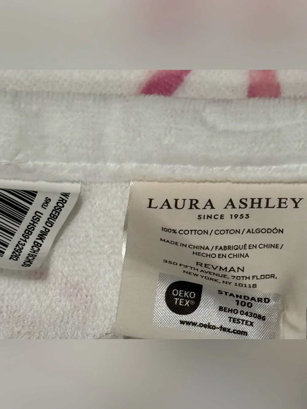 Laura Ashley Coquette Beach White Towel White Base Pink Ribbon & Rosebud Motif